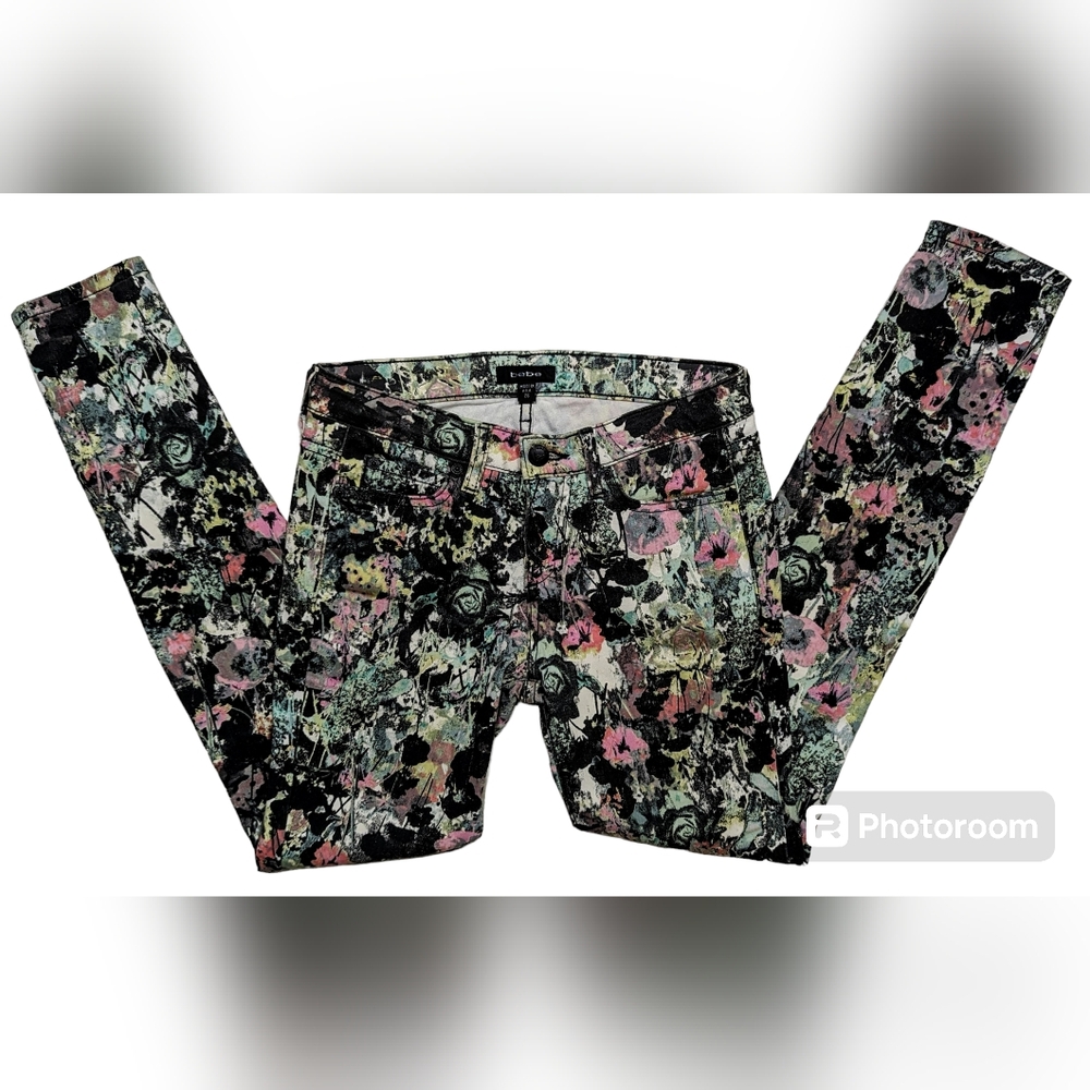 90s Bebe Black Floral Print Skinny Jeans - Picture 3 of 10